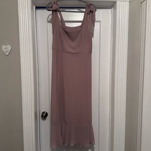 Show me Your Mumu soft beige chiffon “The Claire” bridesmaids dress.